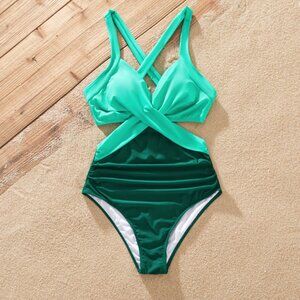 Women Beach Green Colorblock One-Piece Swimwear S, M, L, XL